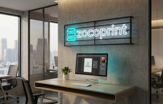 neon blanco y azul sobre oficina