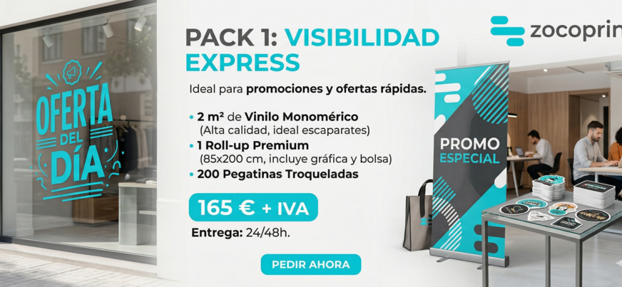 Pack Visibilidad Express Zocoprint con roll-up y vinilos.